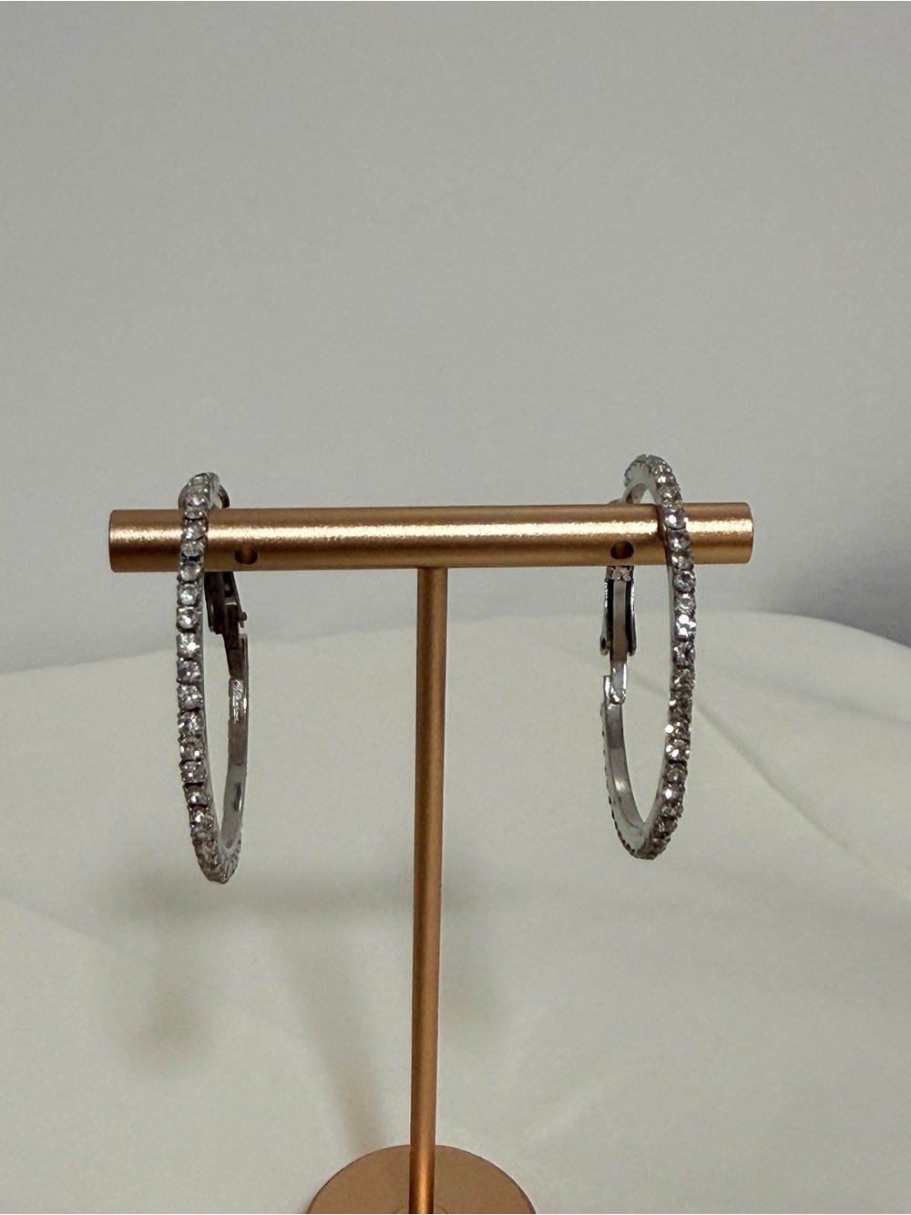Silver Crystal Hoop Earrings - Rhinestone Accent